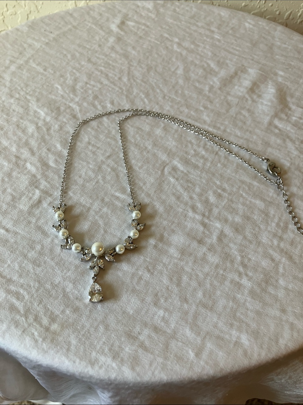 Faux Pearl & Crystal Drop Necklace - Silver Tone